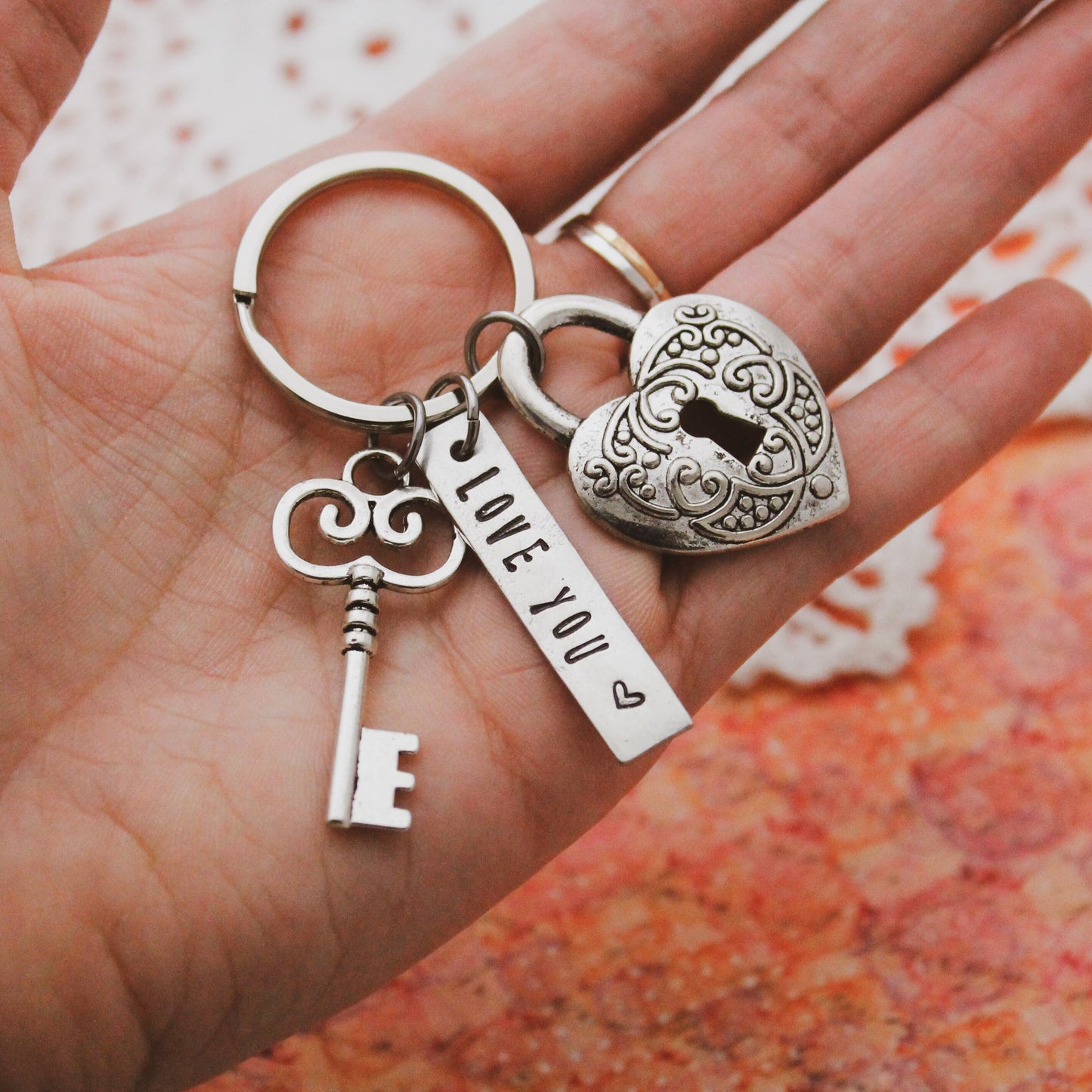 Love You Heart Lock and Key Key Chain, Yoga Teacher Gift, Yoga Gift, Yoga Jewelry, Breathe Keychain, Hand Stamped Personalized Jewelry