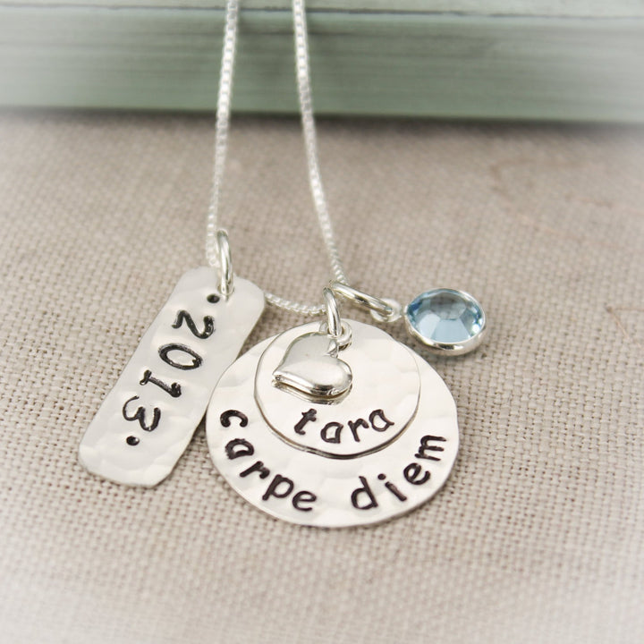 Personalized CARPE DIEM Necklace with Birthstone, Name and Date Graduation Gift Hand Stamped Jewelry