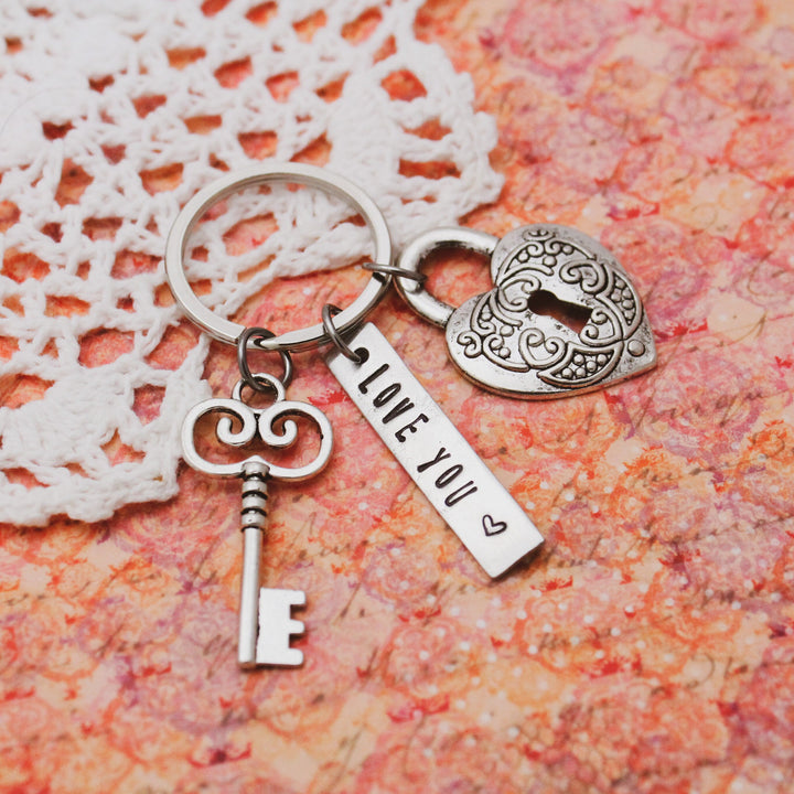 Love You Heart Lock and Key Key Chain, Yoga Teacher Gift, Yoga Gift, Yoga Jewelry, Breathe Keychain, Hand Stamped Personalized Jewelry