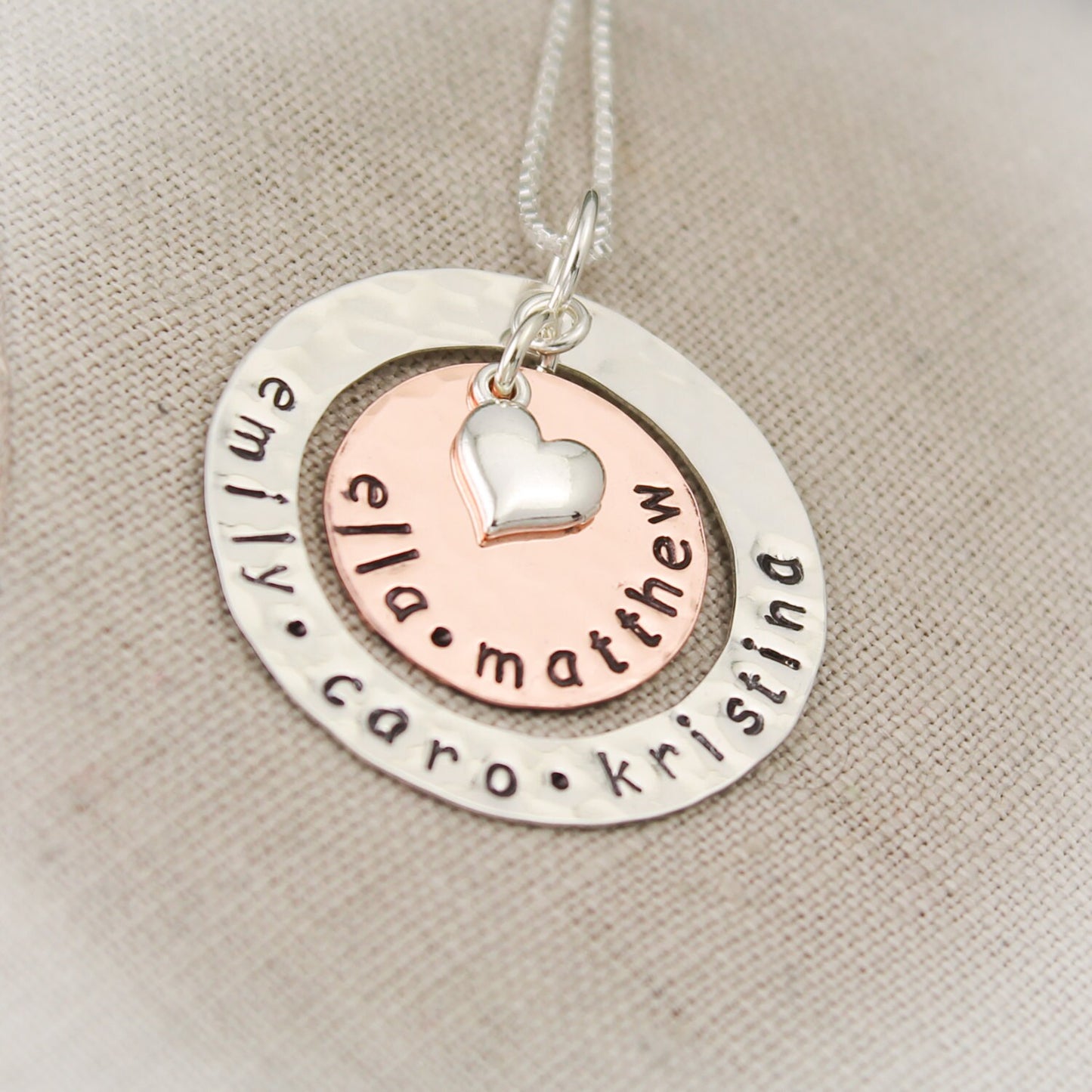 Sterling Silver Washer and Copper Personalized  Necklace with Heart Charm Grandmother or Mother Necklace Hand Stamped Jewelry