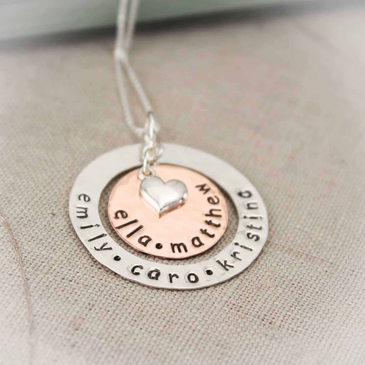 Sterling Silver Washer and Copper Personalized  Necklace with Heart Charm Grandmother or Mother Necklace Hand Stamped Jewelry