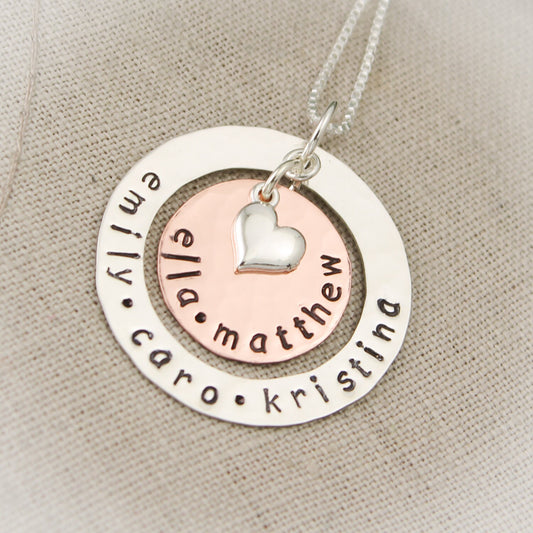 Sterling Silver Washer and Copper Personalized Necklace with Heart Charm Grandmother or Mother Necklace Hand Stamped Jewelry