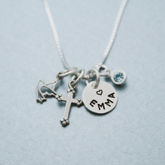 Tiny Personalized Cross Charm Necklace in Sterling Silver, Confirmation Cross Necklace, First Communion Cross Necklace, Hand Stamped Jewelry