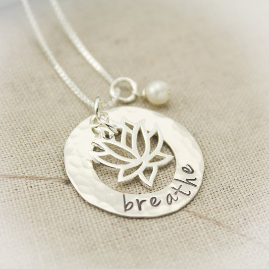 BREATHE Lotus Necklace, Yoga Jewelry, Lotus Flower Necklace, Yoga Gifts, Meditation Jewelry, Hand Stamped Jewelry, Sterling Silver
