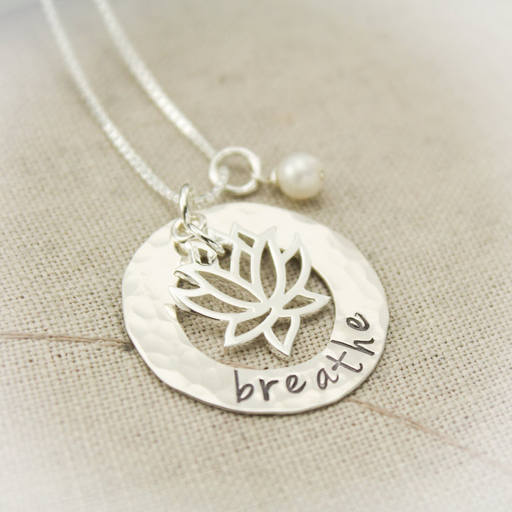 BREATHE Lotus Necklace, Yoga Jewelry, Lotus Flower Necklace, Yoga Gifts, Meditation Jewelry, Hand Stamped Jewelry, Sterling Silver