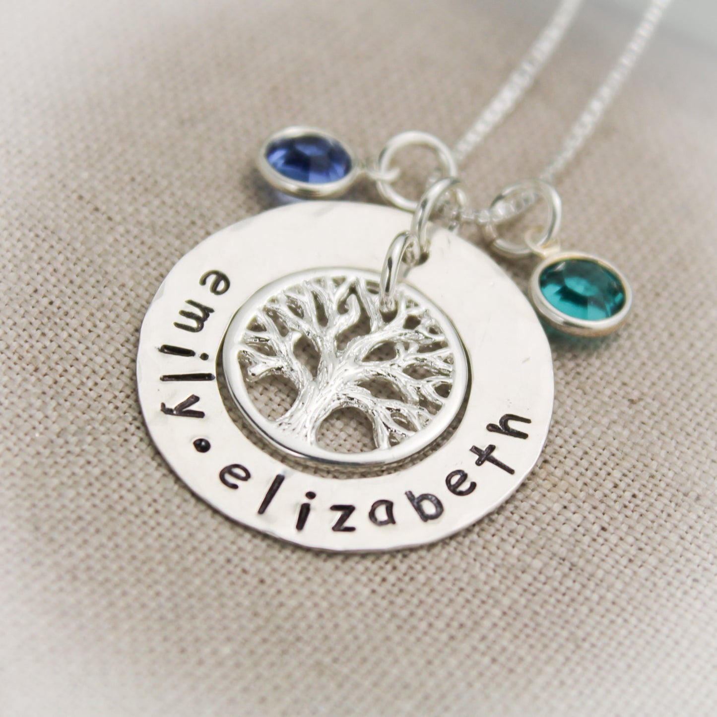 Mother or Grandmother Sterling Silver Washer Tree of Life Necklace Personalized Hand Stamped Jewelry
