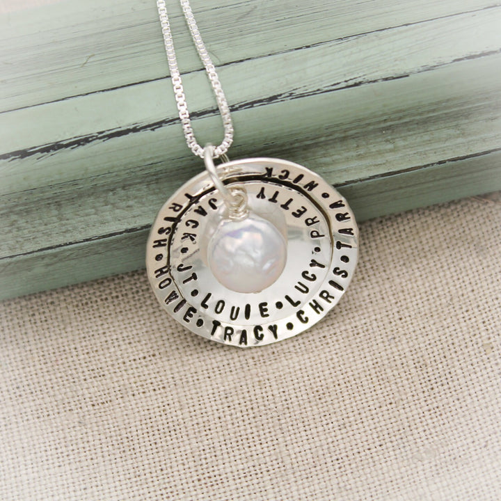 Mother or Grandmother Necklace Personalized Two (2) Layers Sterling Silver with White Coin Pearl Charm Hand Stamped Jewelry