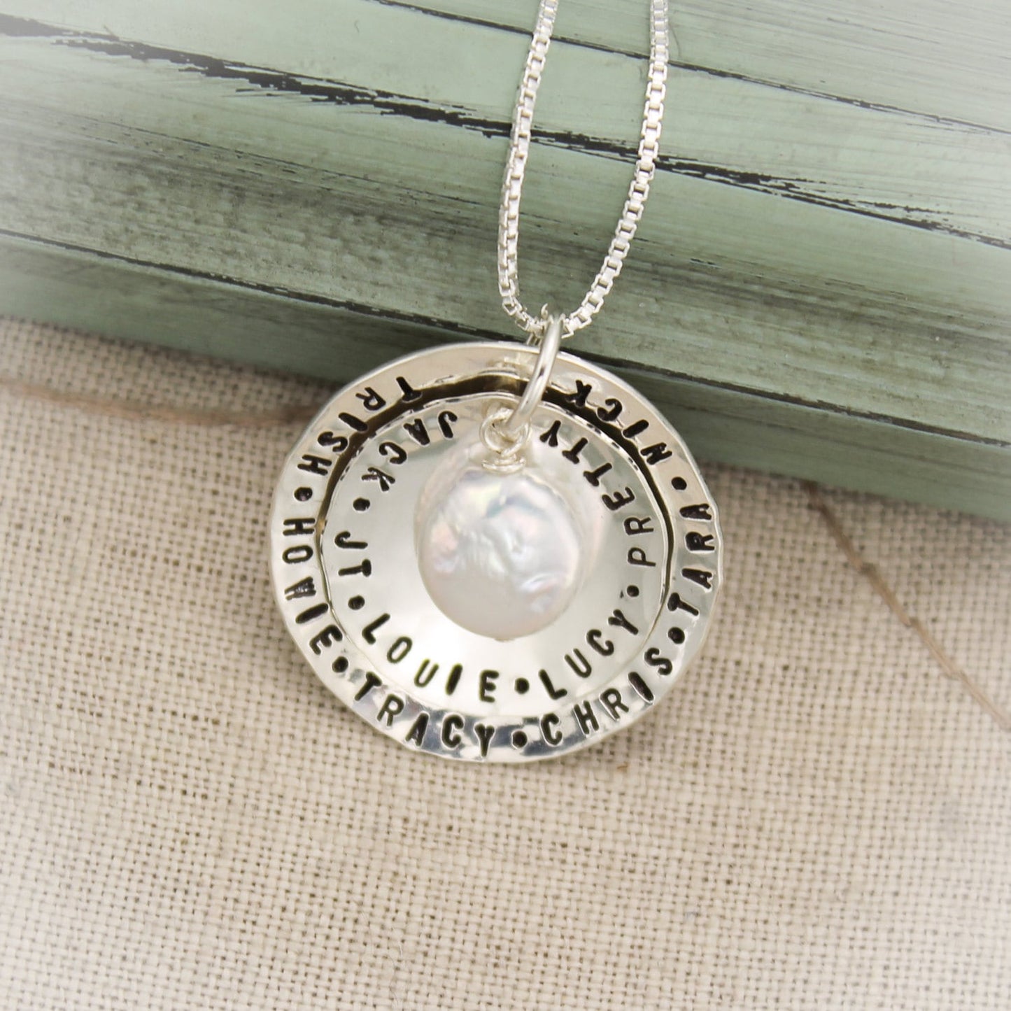 Mother or Grandmother Necklace Personalized Two (2) Layers Sterling Silver with White Coin Pearl Charm Hand Stamped Jewelry