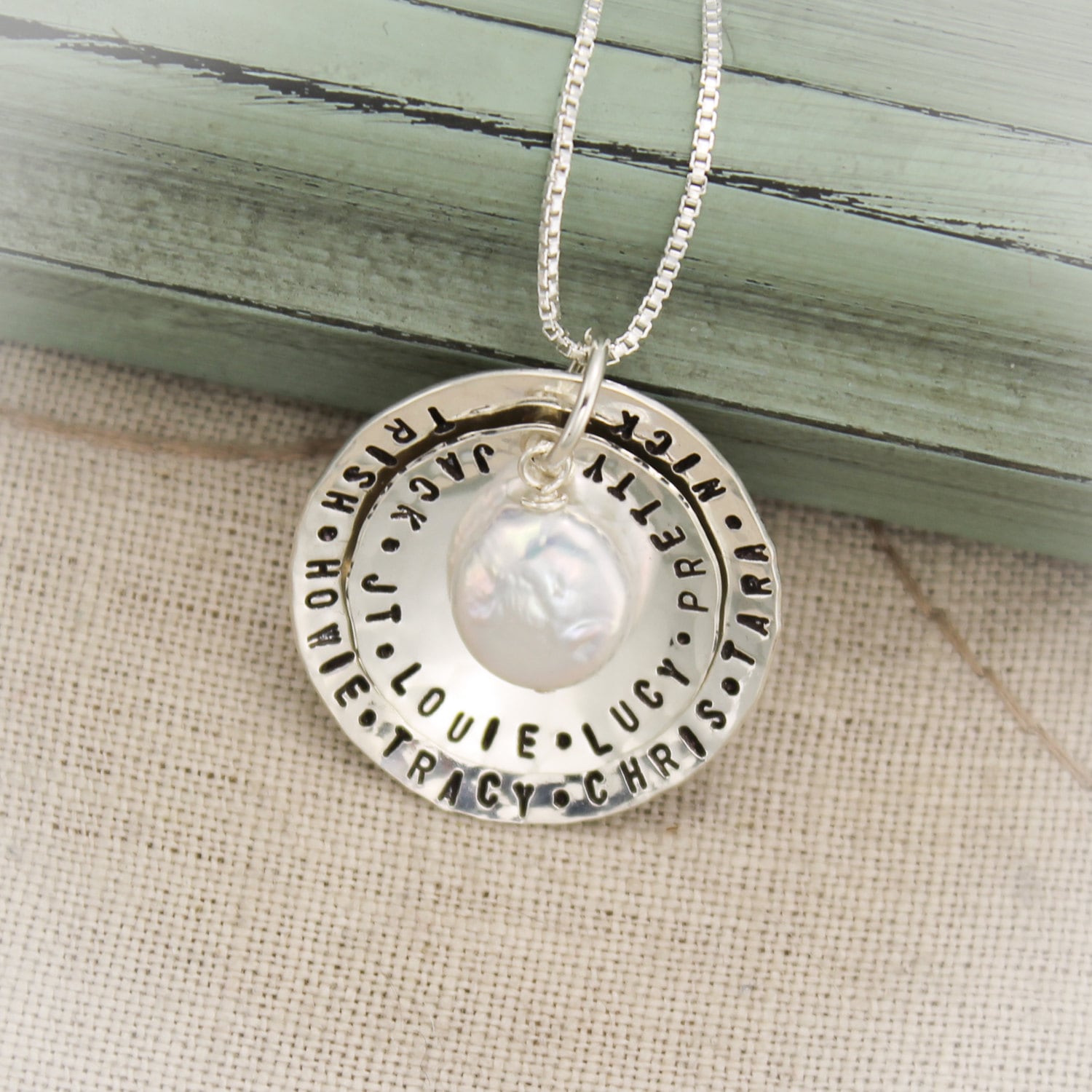 Mother or Grandmother Necklace Personalized Two (2) Layers Sterling Silver with White Coin Pearl Charm Hand Stamped Jewelry