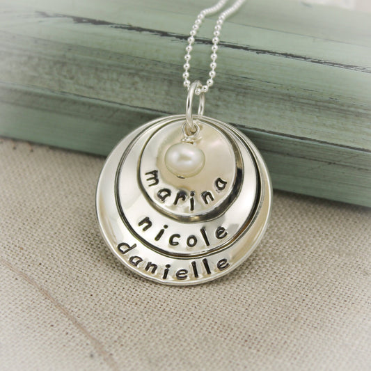 Grandma or Mother Layered and Domed Personalized Necklace in Sterling Silver Hand Stamped Jewelry