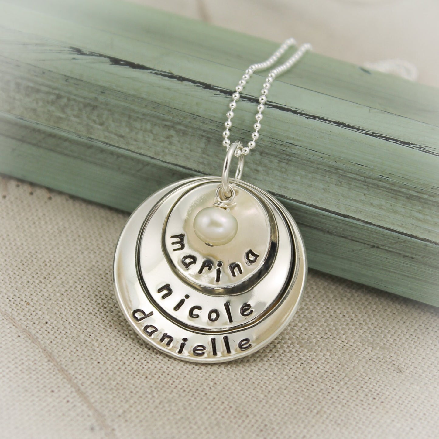 Grandma or Mother Layered and Domed Personalized Necklace in Sterling Silver Hand Stamped Jewelry