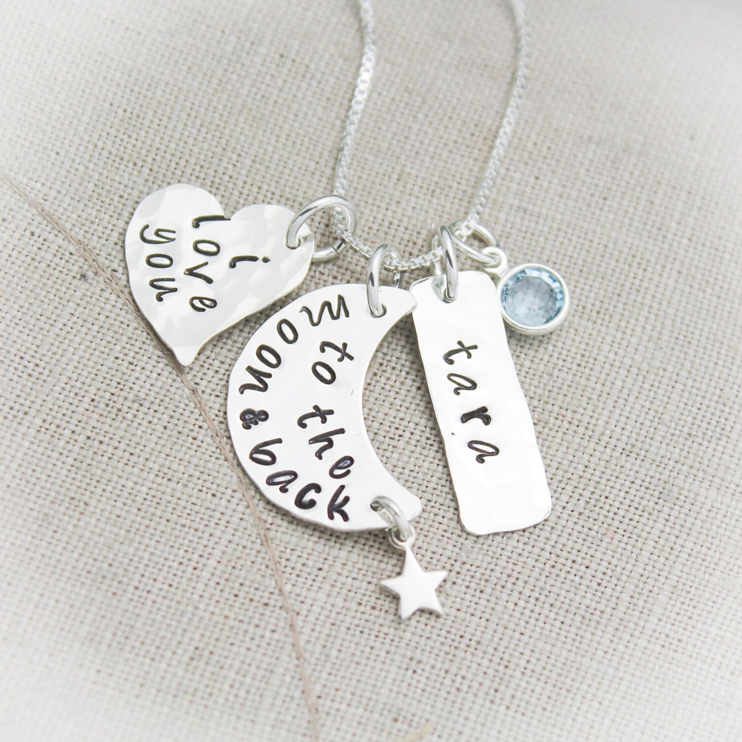 I Love You to the Moon and Back Personalized Necklace in Sterling Silver with Name and Birthstone Hand Stamped Jewelry