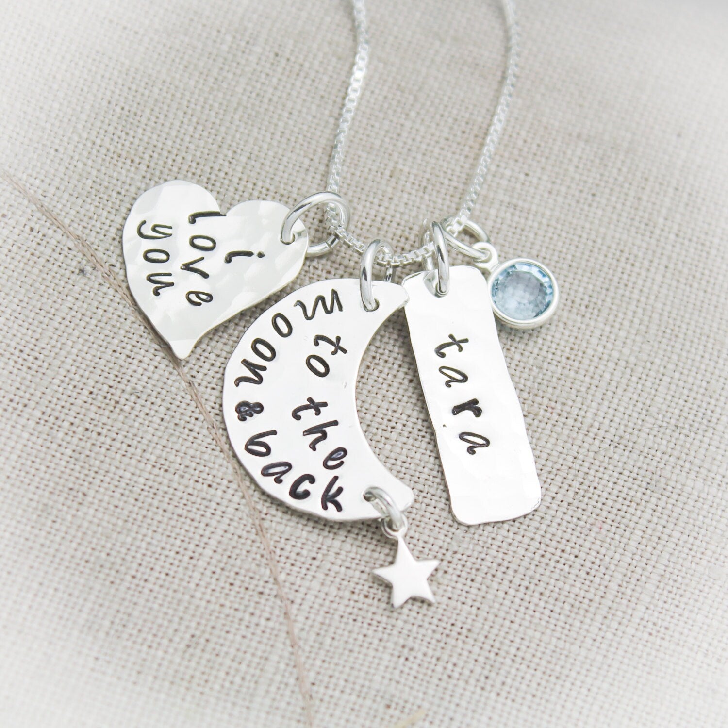 I Love You to the Moon and Back Personalized Necklace in Sterling Silver with Name and Birthstone Hand Stamped Jewelry