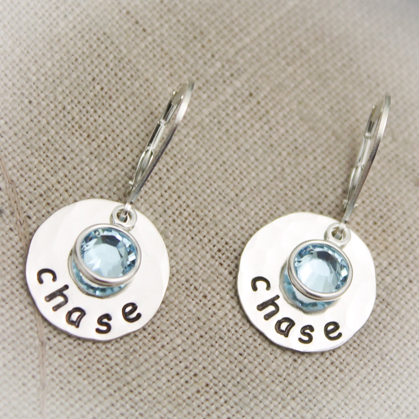 Mother or Grandmother Sterling Silver Earrings Hand Stamped Personalized with Name and Birthstone