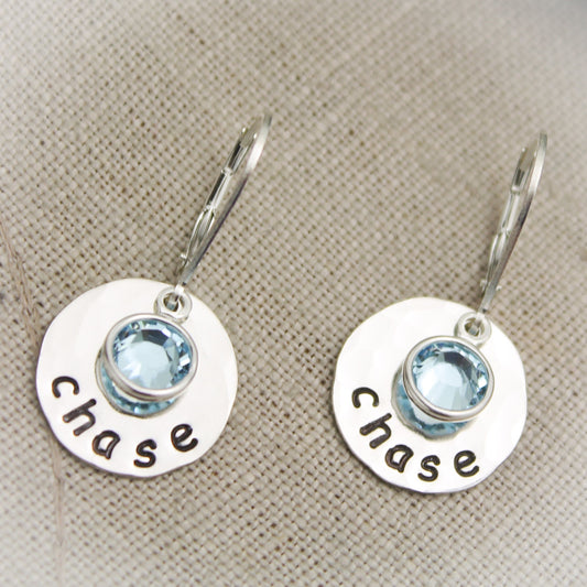 Mother or Grandmother Sterling Silver Earrings Hand Stamped Personalized with Name and Birthstone