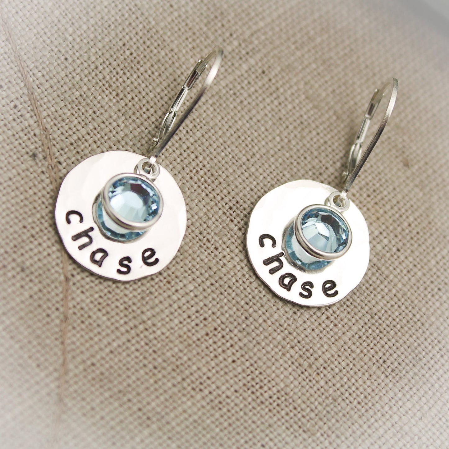 Mother or Grandmother Sterling Silver Earrings Hand Stamped Personalized with Name and Birthstone