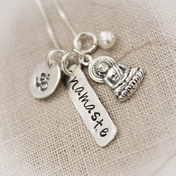 Yoga, Namaste or Breathe Ohm Buddha Necklace with Pearl in Sterling Silver Hand Stamped Jewelry