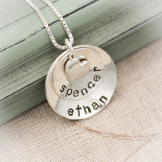 Two (2) Layers Domed Cupped Personalized Sterling Silver Necklace with Heart Hand Stamped Jewelry