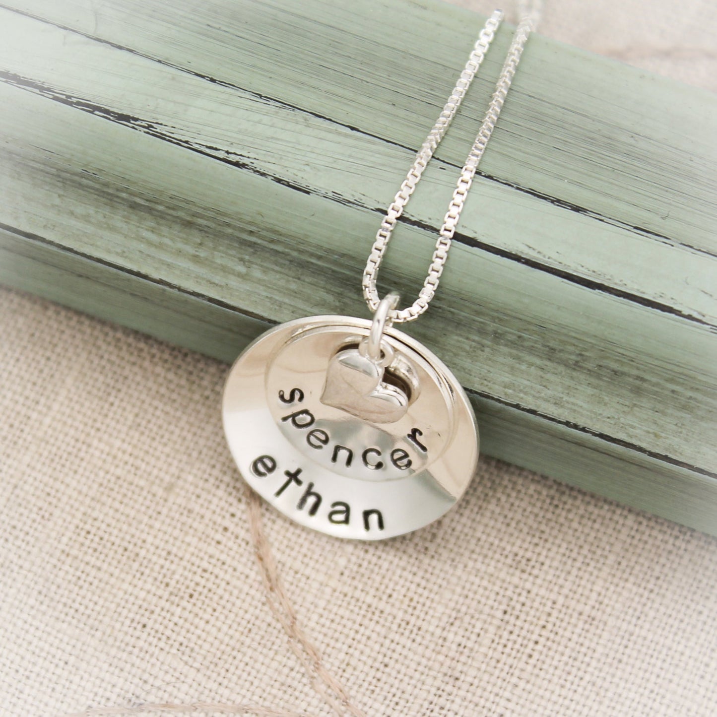 Two (2) Layers Domed Cupped Personalized Sterling Silver Necklace with Heart Hand Stamped Jewelry