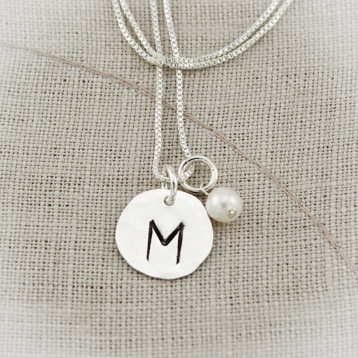 Sterling Silver Initial and Birthstone Charm Necklace Personalized Hand Stamped Jewelry