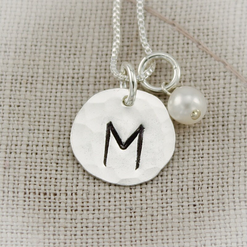 Sterling Silver Initial and Birthstone Charm Necklace Personalized Hand Stamped Jewelry