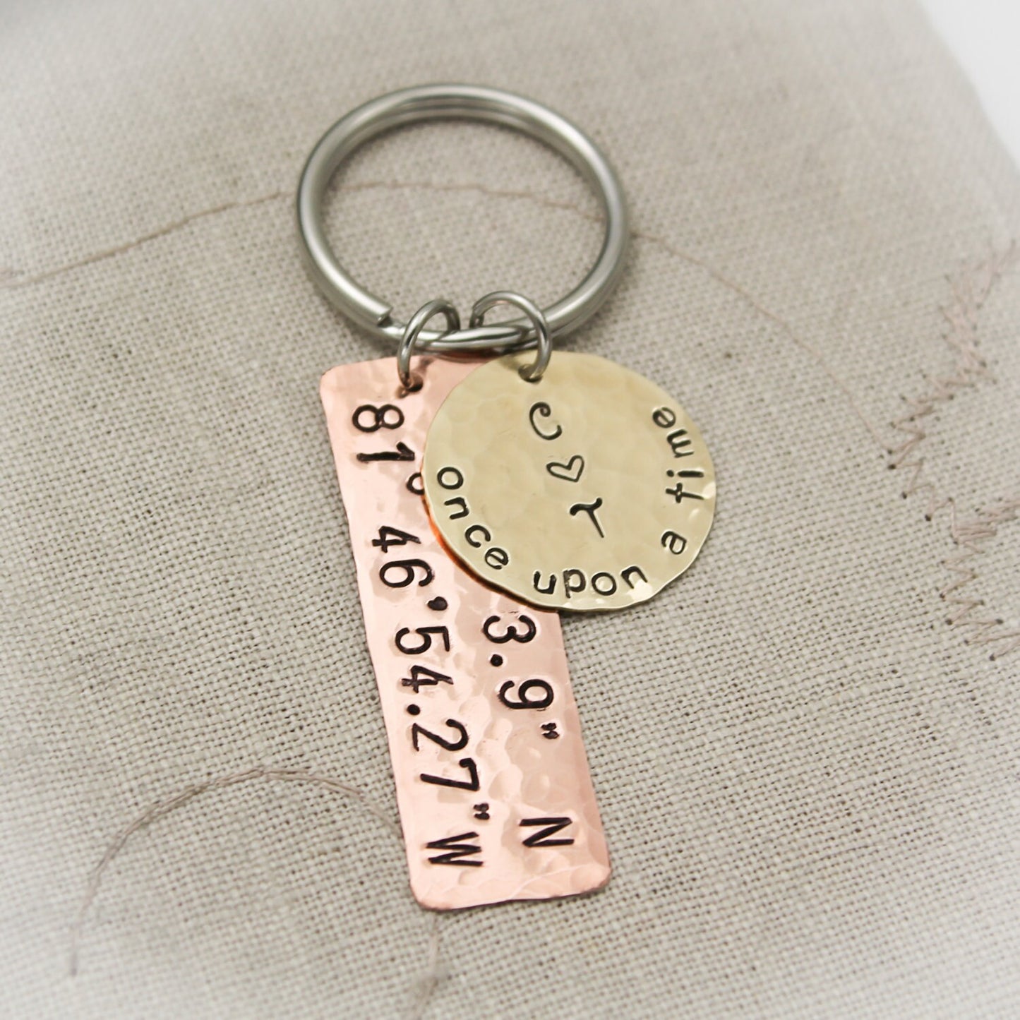 Latitude and Longitude Personalized Copper, Brass or Aluminum Hand Stamped Key Chain Hand Stamped Personalized Key Chain