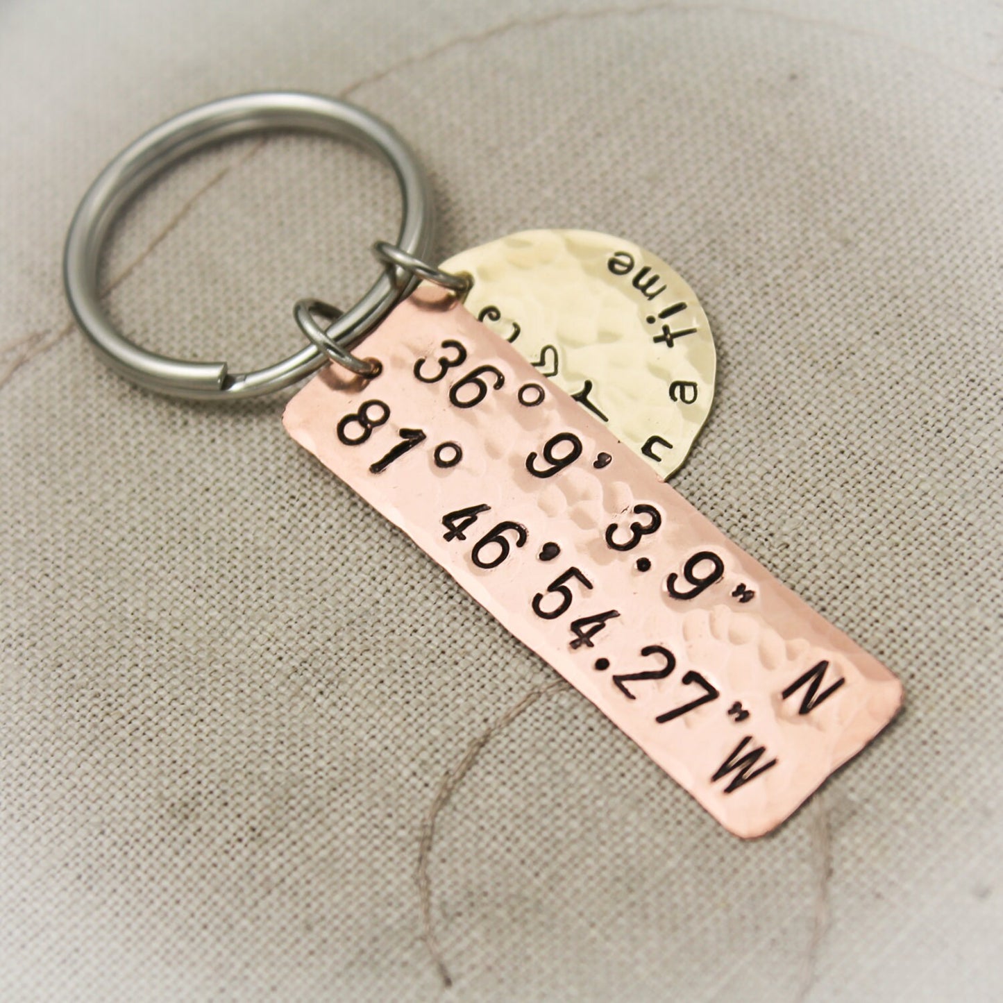 Latitude and Longitude Personalized Copper, Brass or Aluminum Hand Stamped Key Chain Hand Stamped Personalized Key Chain