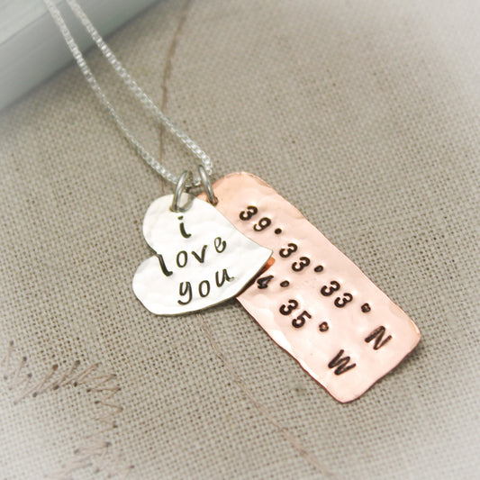 Latitude and Longitude Heart Necklace Personalized Copper, Brass and Silver Hand Stamped Jewelry