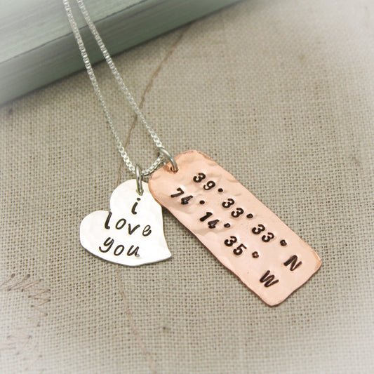 Latitude and Longitude Heart Necklace Personalized Copper, Brass and Silver Hand Stamped Jewelry