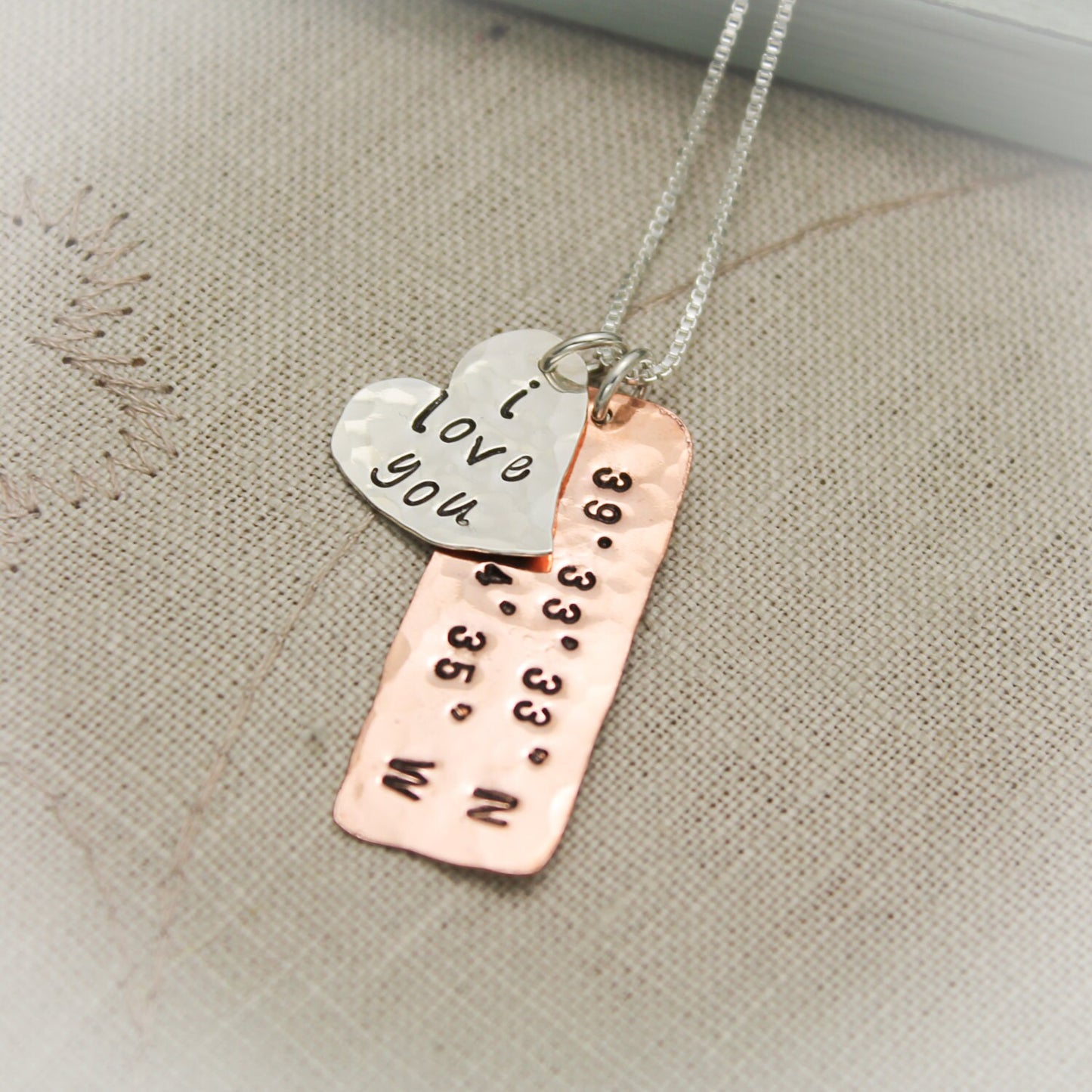 Latitude and Longitude Heart Necklace Personalized Copper, Brass and Silver Hand Stamped Jewelry