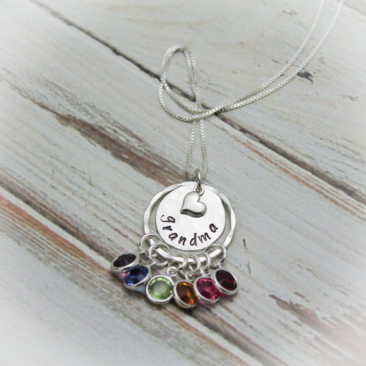 Grandma Necklace, Grandmother Necklace, Birthstone Necklace, Grandchildren Necklace, Hand Stamped Personalized, Mother's Day Gift, Silver