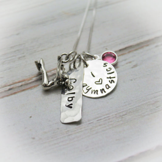 Sterling Silver Gymnastics Necklace with Crystal Birthstone and Name Personalized Hand Stamped Necklace