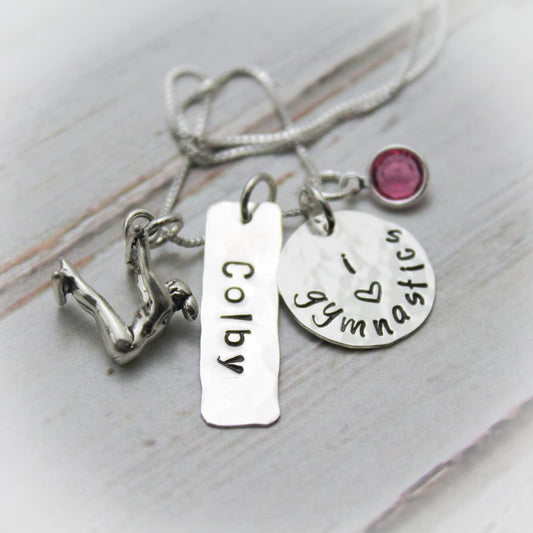 Sterling Silver Gymnastics Necklace with Crystal Birthstone and Name Personalized Hand Stamped Necklace