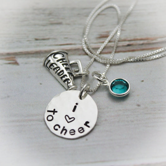 Cheerleader Personalized Necklace, Megaphone Necklace, Pepsquad Jewelry, Love to Cheer Necklace, Hand Stamped Necklace