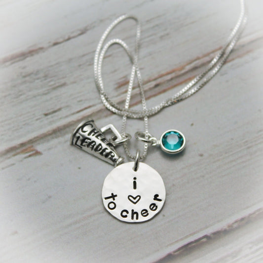 Cheerleader Personalized Necklace, Megaphone Necklace, Pepsquad Jewelry, Love to Cheer Necklace, Hand Stamped Necklace