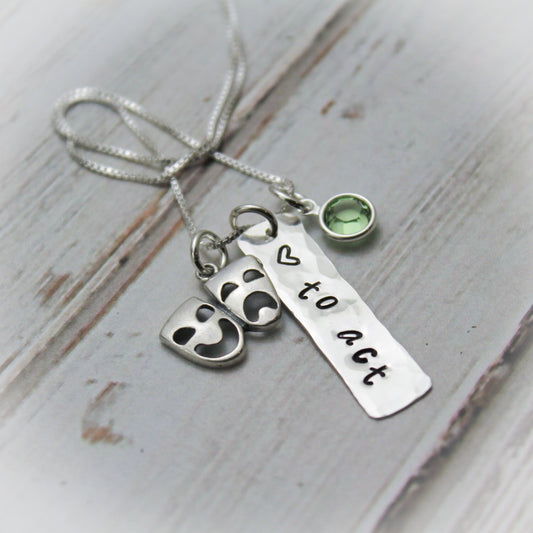 Love to Act Theater Actor Necklace, Personalized Theater Acting Necklace, Comedy Tragedy Charm Sterling Silver Personalized Hand Stamped