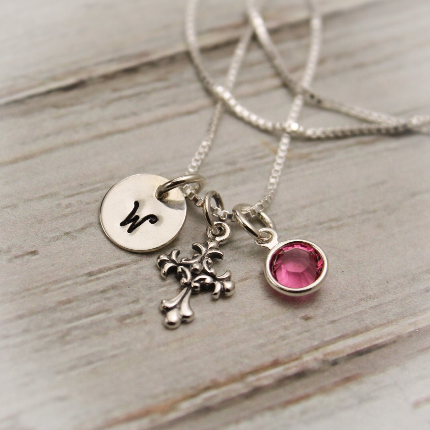 SALE Cross Necklace for Confirmation or First Communion with Initial and Birthstone in Sterling Silver