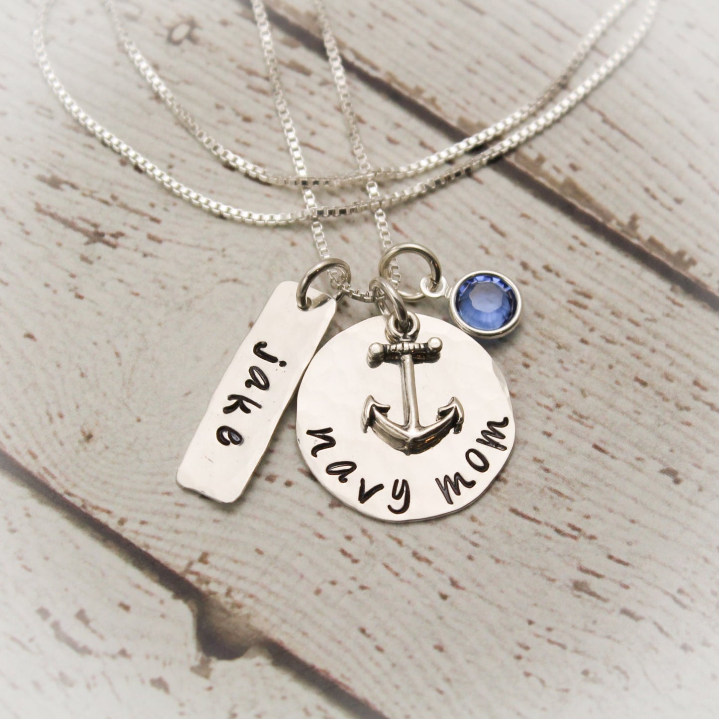 Navy Mom Necklace in Sterling Silver with Anchor Charm, Name and Birthstone Customized Hand Stamped Jewelry-