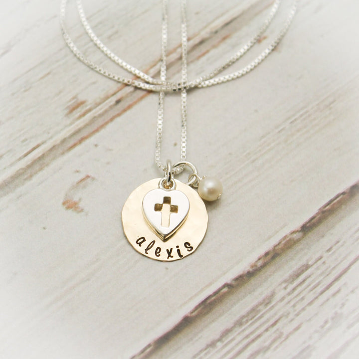 Confirmation Necklace Personalized Hand Stamped 14K Gold Filled and Sterling Silver with Heart Cross Charm