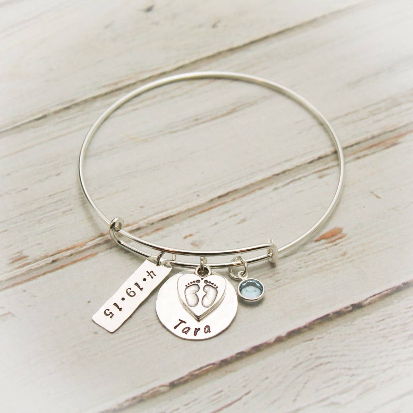 New Mommy Bangle with Footprint Charm in Sterling Silver Personalized Hand Stamped Jewelry