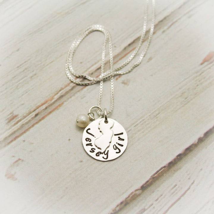 Jersey Girl Necklace with Pearl or Birthston, New Jersey Necklace, Jersey Gir Jewelry, New Jersey State, Personalized Hand Stamped Jewelry