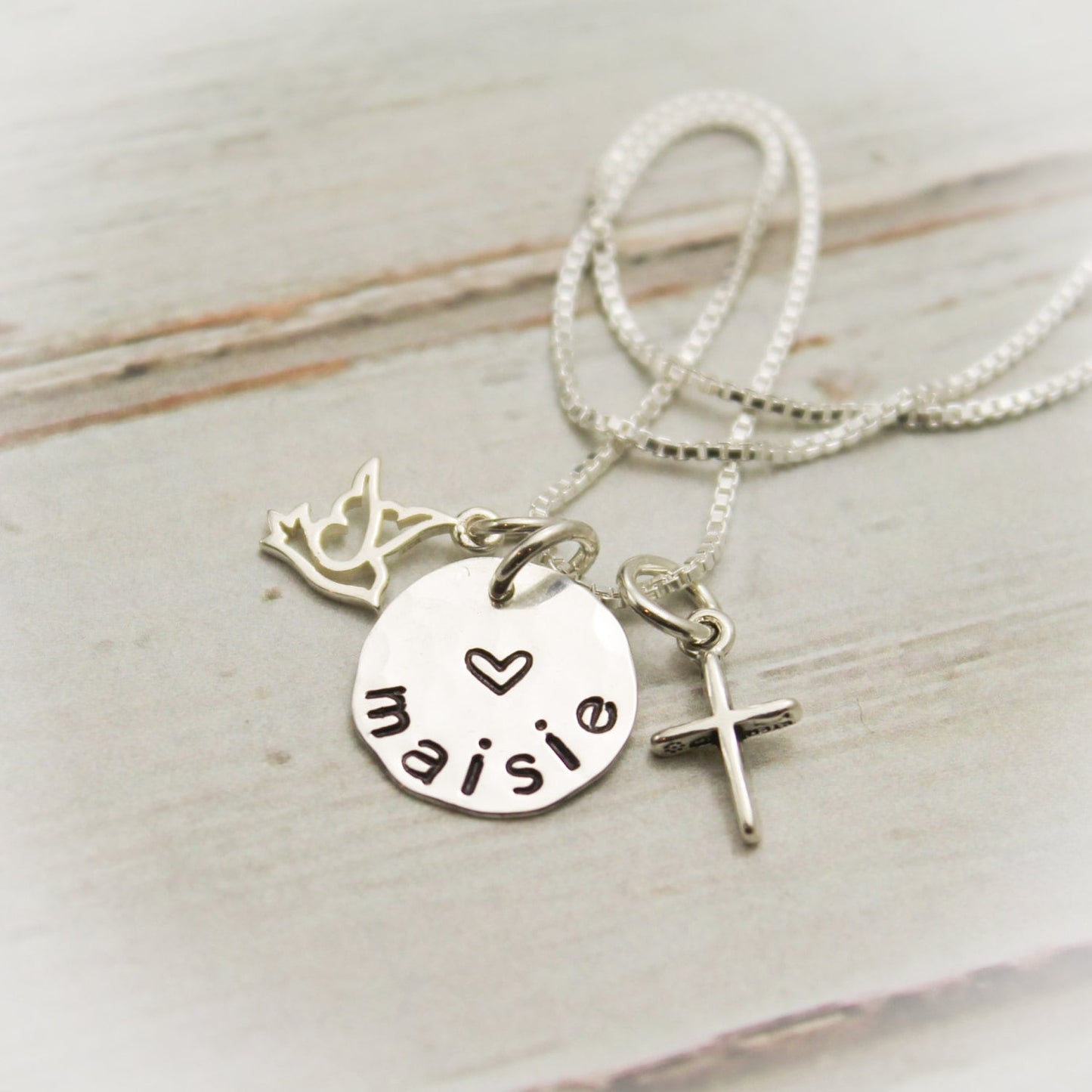 Dove and Cross Charm Necklace for Confirmation Personalized Sterling Silver Hand Stamped Jewelry