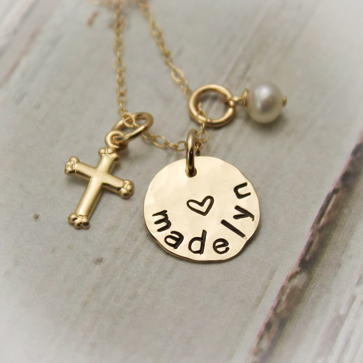 Personalized Disc and Cross Necklace 14K Gold Filled Hand Stamped Jewelry