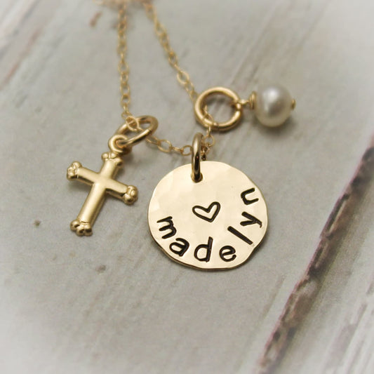Personalized Disc and Cross Necklace 14K Gold Filled Hand Stamped Jewelry