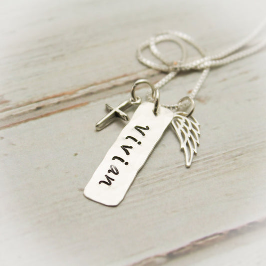 Angel Wing and Cross Tag Necklace with Birthstone or Pearl for Confirmation Personalized Sterling Silver Hand Stamped Jewelry