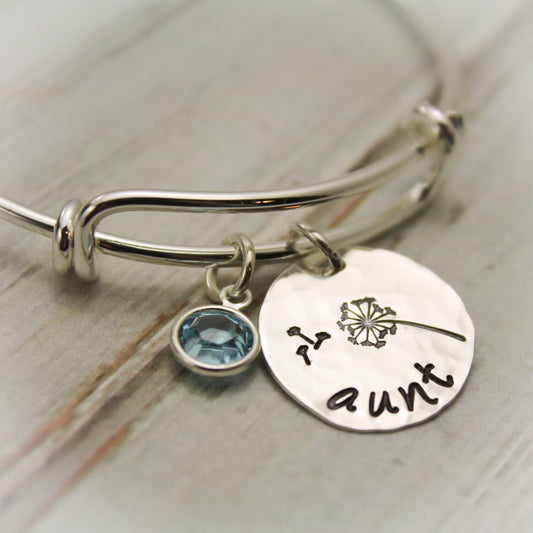 Personalized Aunt Bangle Bracelet, Personalized Auntie Gift, Aunt Bracelet, Gifts for Aunts, Birthstone Jewelry, Personalized, Hand Stamped