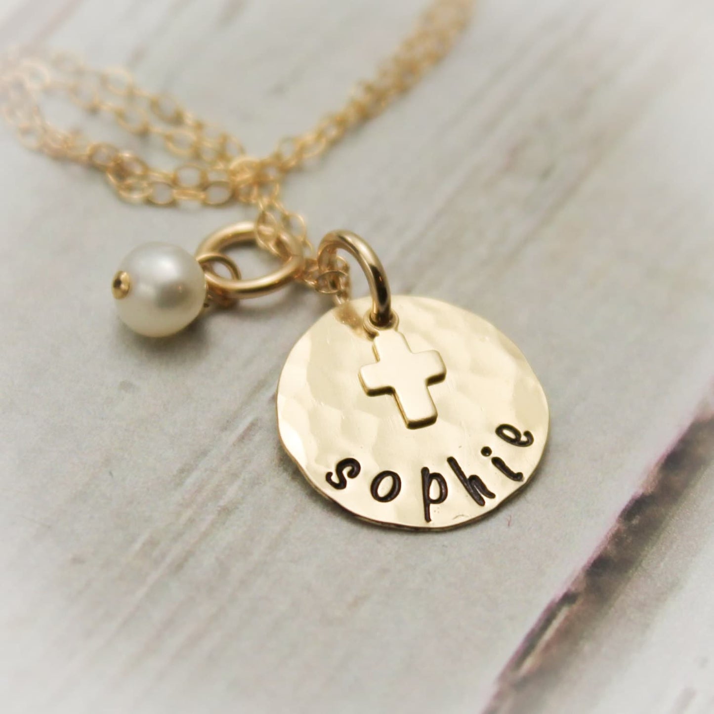 Dainty Cross Necklace 14K Gold Filled Personalized Hand Stamped Jewelry