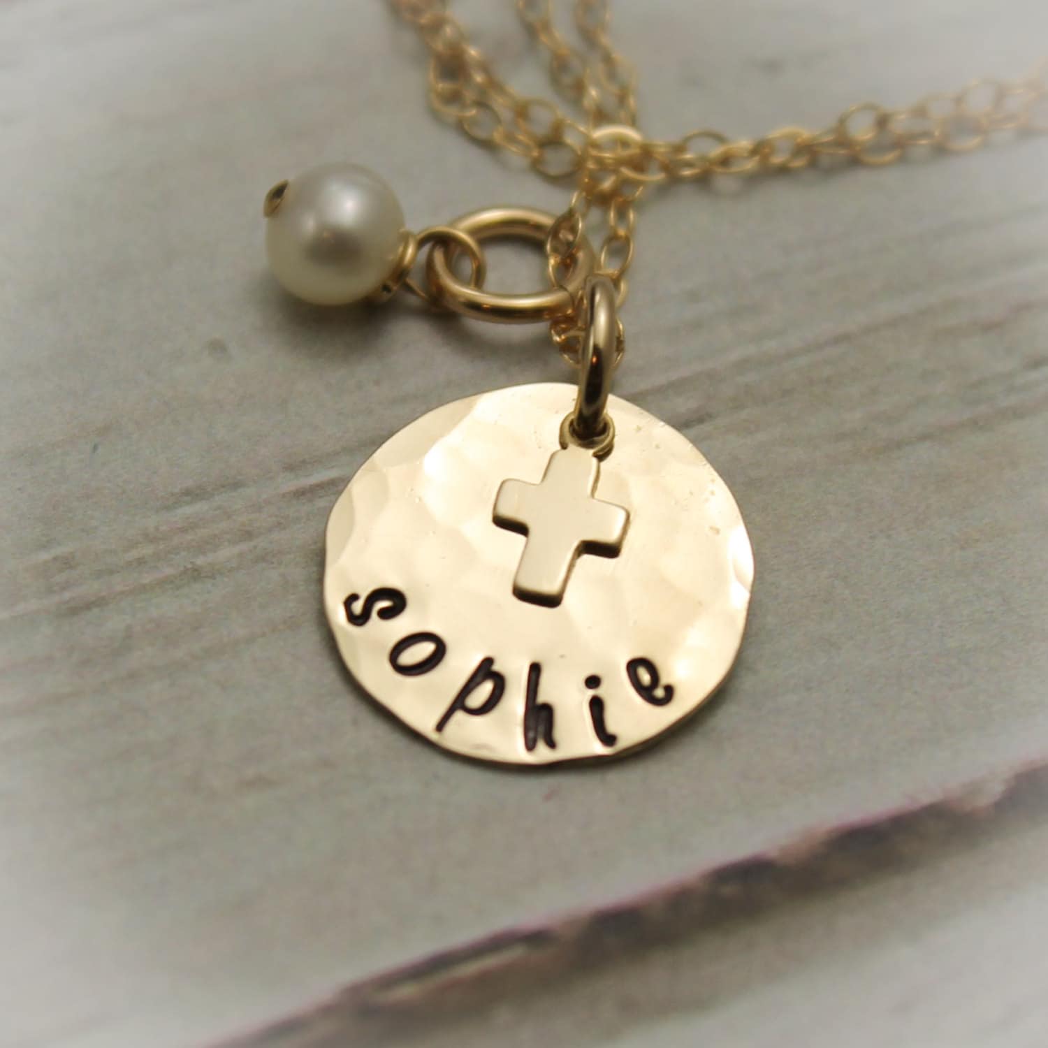 Dainty Cross Necklace 14K Gold Filled Personalized Hand Stamped Jewelry