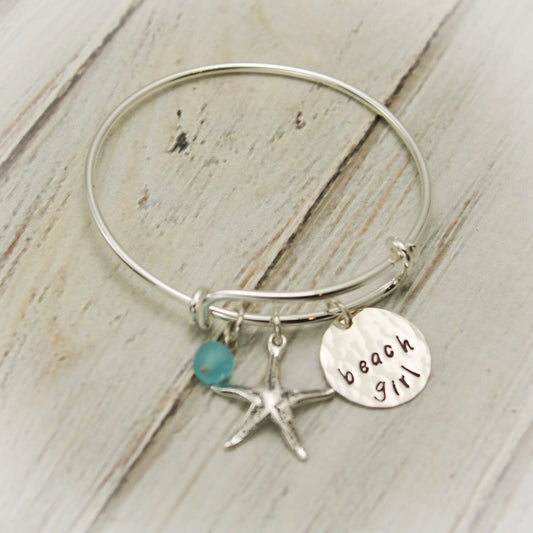 Beach Girl Bangle, Starfish Bracelet, Beach Jewelry, Vacation Jewelry, Cruise Wear, Personalized Hand Stamped Jewelry