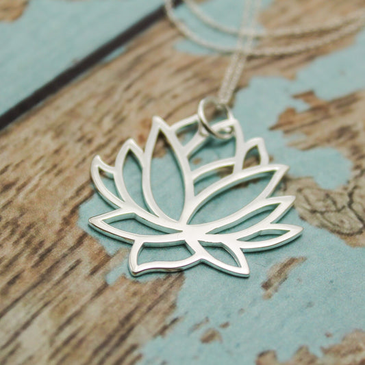 Large Lotus Flower Necklace in Sterling Silver over Bronze